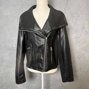 Thread & Supply Size Large Black Biker Jacket Faux Leather Rib Knit Zip